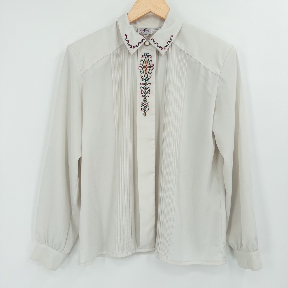 Vintage Christmas Embroidered Long‎ Sleeve Top Womens 10 Holiday Granny Cottage